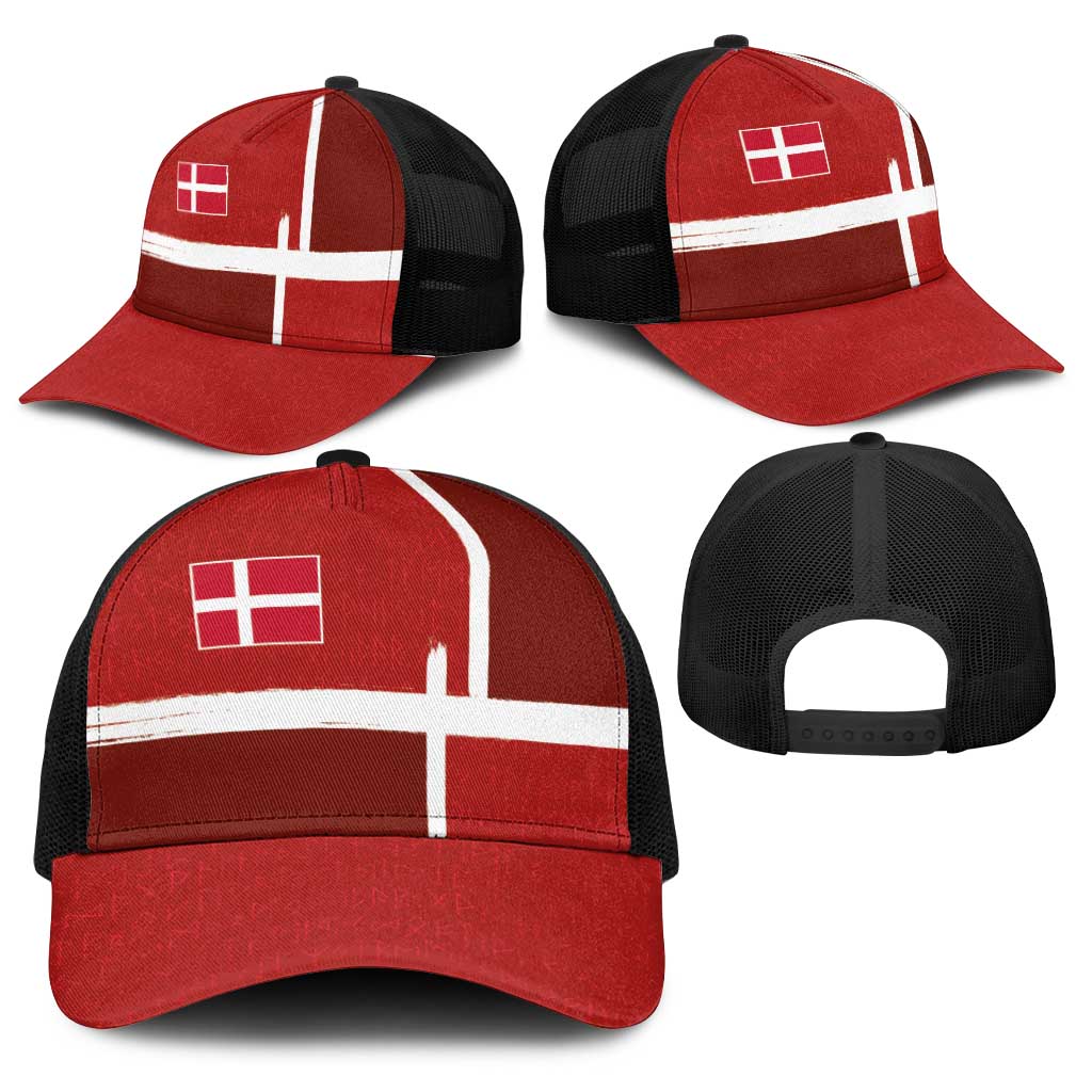 Denmark Football Baseball Net Cap Black Grunge Line and Rune Inspired Sporty Style