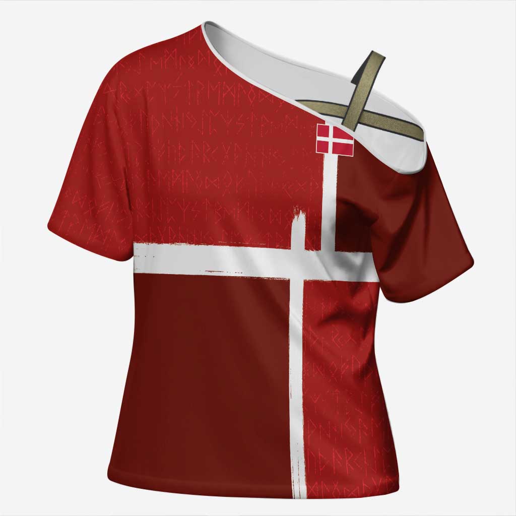 Custom Denmark Football Cross Shoulder Shirt Black Grunge Line and Rune Inspired Sporty Style