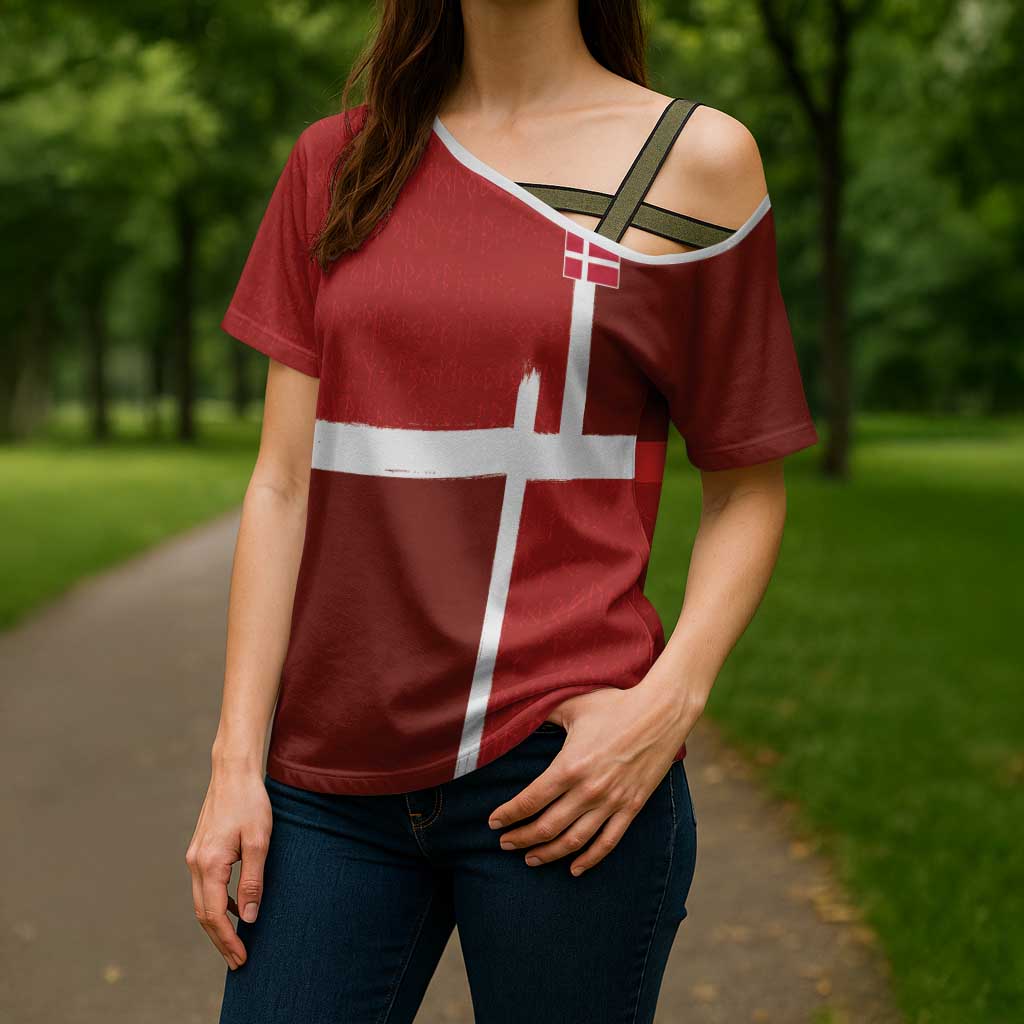 Custom Denmark Football Cross Shoulder Shirt Black Grunge Line and Rune Inspired Sporty Style