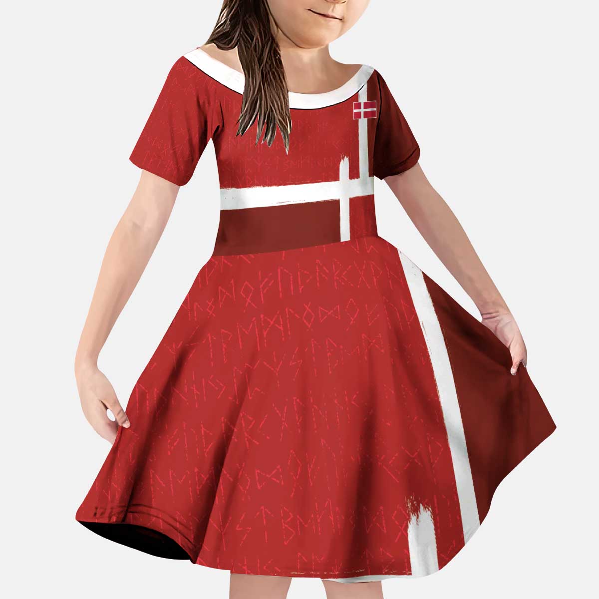 Custom Denmark Football Kid Short Sleeve Dress Black Grunge Line and Rune Inspired Sporty Style