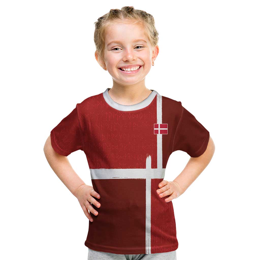 Custom Denmark Football Kid T Shirt Black Grunge Line and Rune Inspired Sporty Style