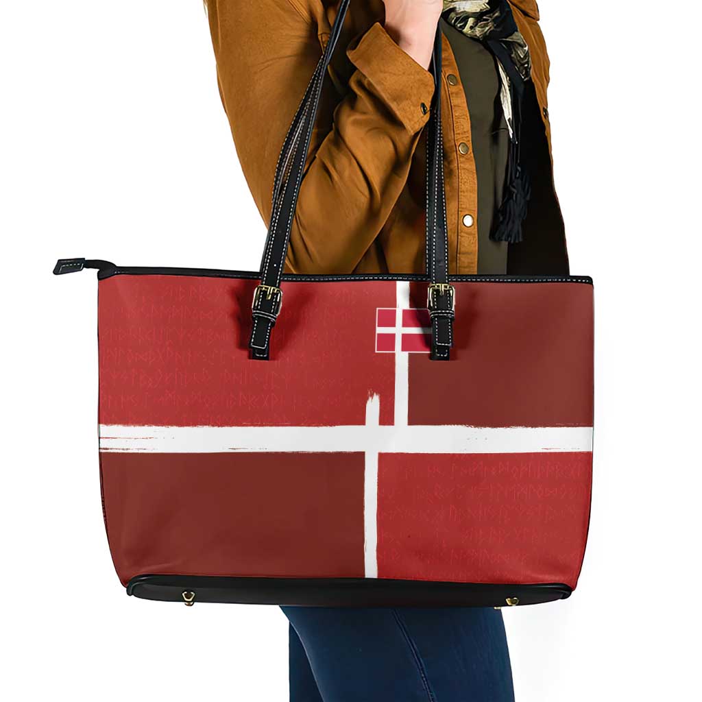 Denmark Football Leather Tote Bag Black Grunge Line and Rune Inspired Sporty Style