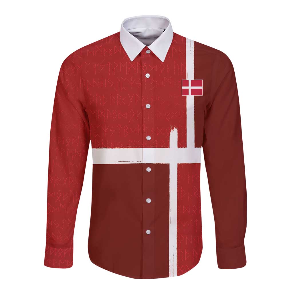Custom Denmark Football Long Sleeve Button Shirt Black Grunge Line and Rune Inspired Sporty Style