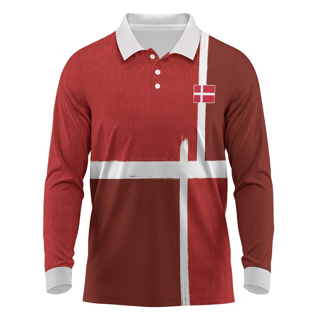 Custom Denmark Football Long Sleeve Polo Shirt Black Grunge Line and Rune Inspired Sporty Style