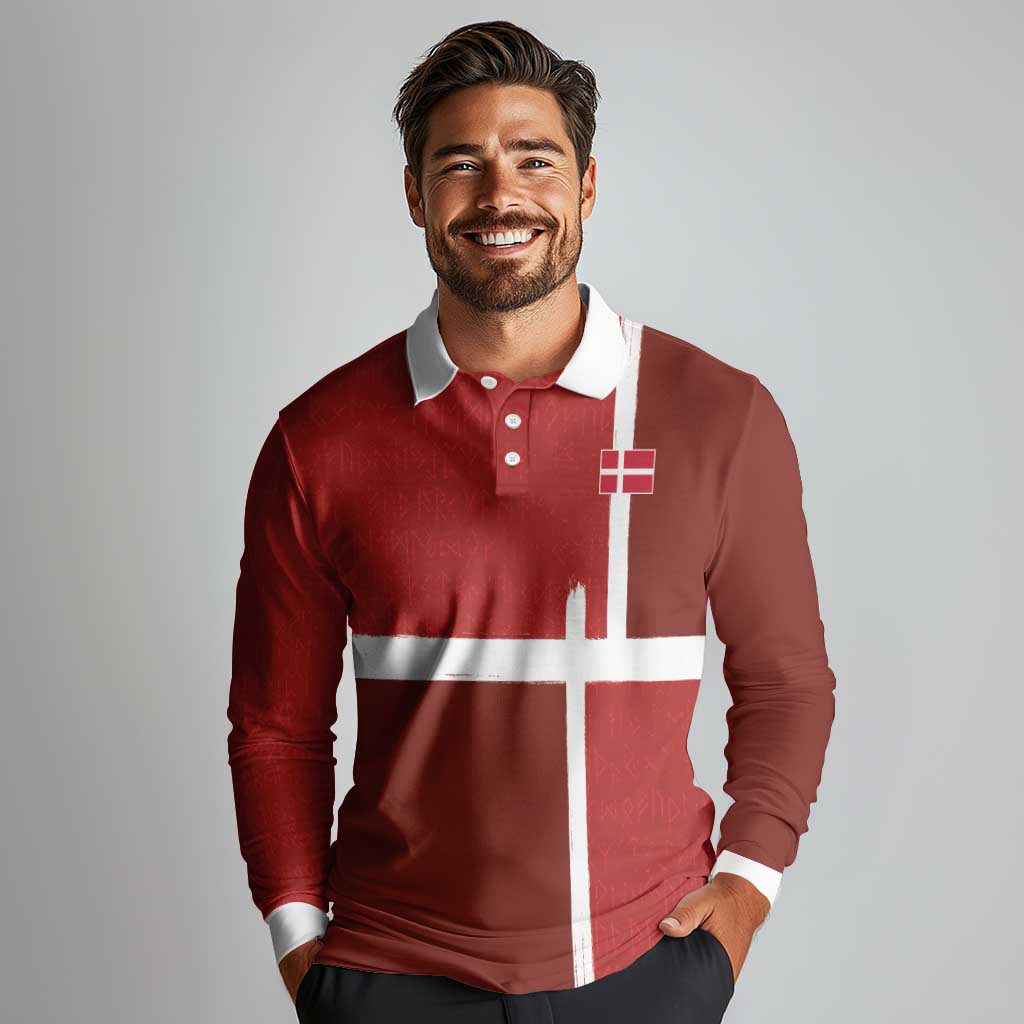 Custom Denmark Football Long Sleeve Polo Shirt Black Grunge Line and Rune Inspired Sporty Style