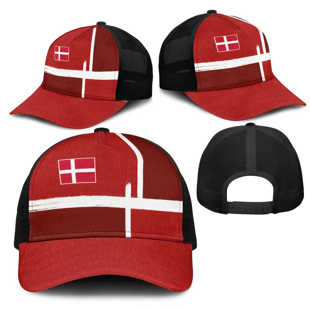 Denmark Football Mesh Trucker Cap Black Grunge Line and Rune Inspired Sporty Style