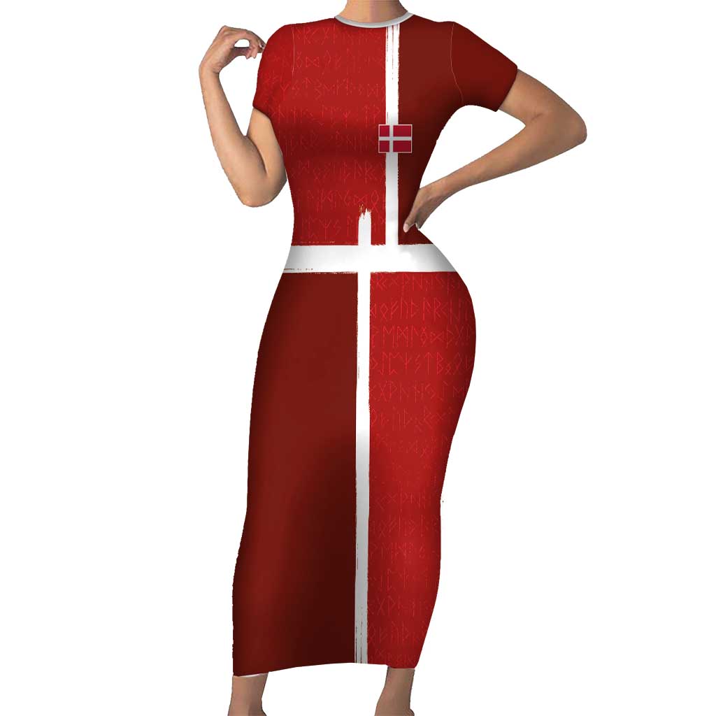 Custom Denmark Football Short Sleeve Bodycon Dress Black Grunge Line and Rune Inspired Sporty Style