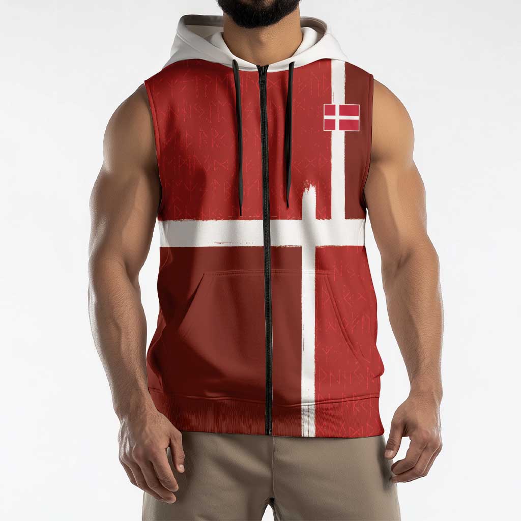 Custom Denmark Football Sleeveless Zip Hoodie Black Grunge Line and Rune Inspired Sporty Style