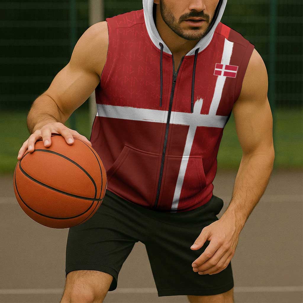 Custom Denmark Football Sleeveless Zip Hoodie Black Grunge Line and Rune Inspired Sporty Style