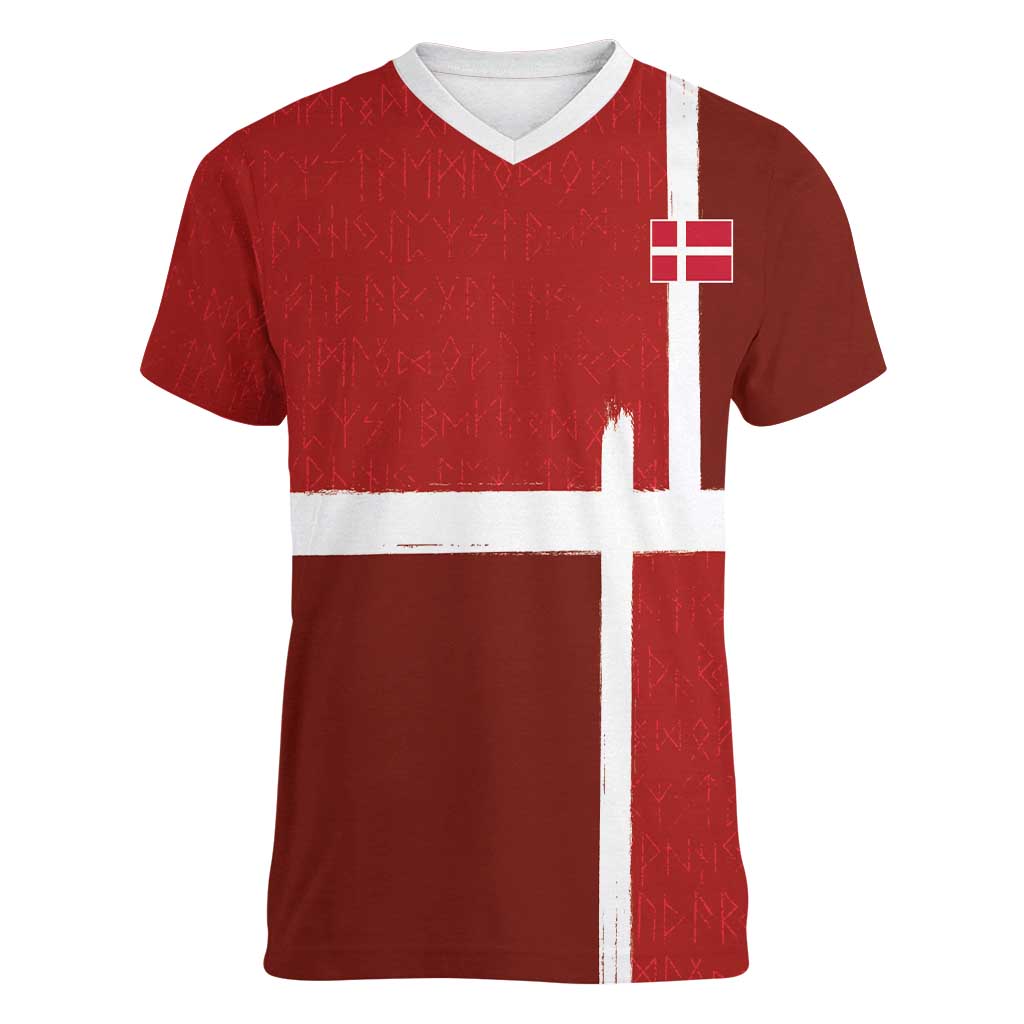 Custom Denmark Football Women V-Neck T-Shirt Black Grunge Line and Rune Inspired Sporty Style