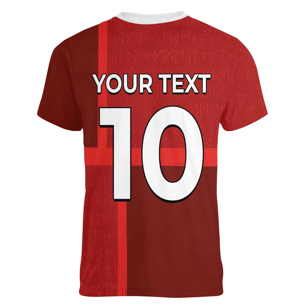 Custom Denmark Football Women V-Neck T-Shirt Black Grunge Line and Rune Inspired Sporty Style