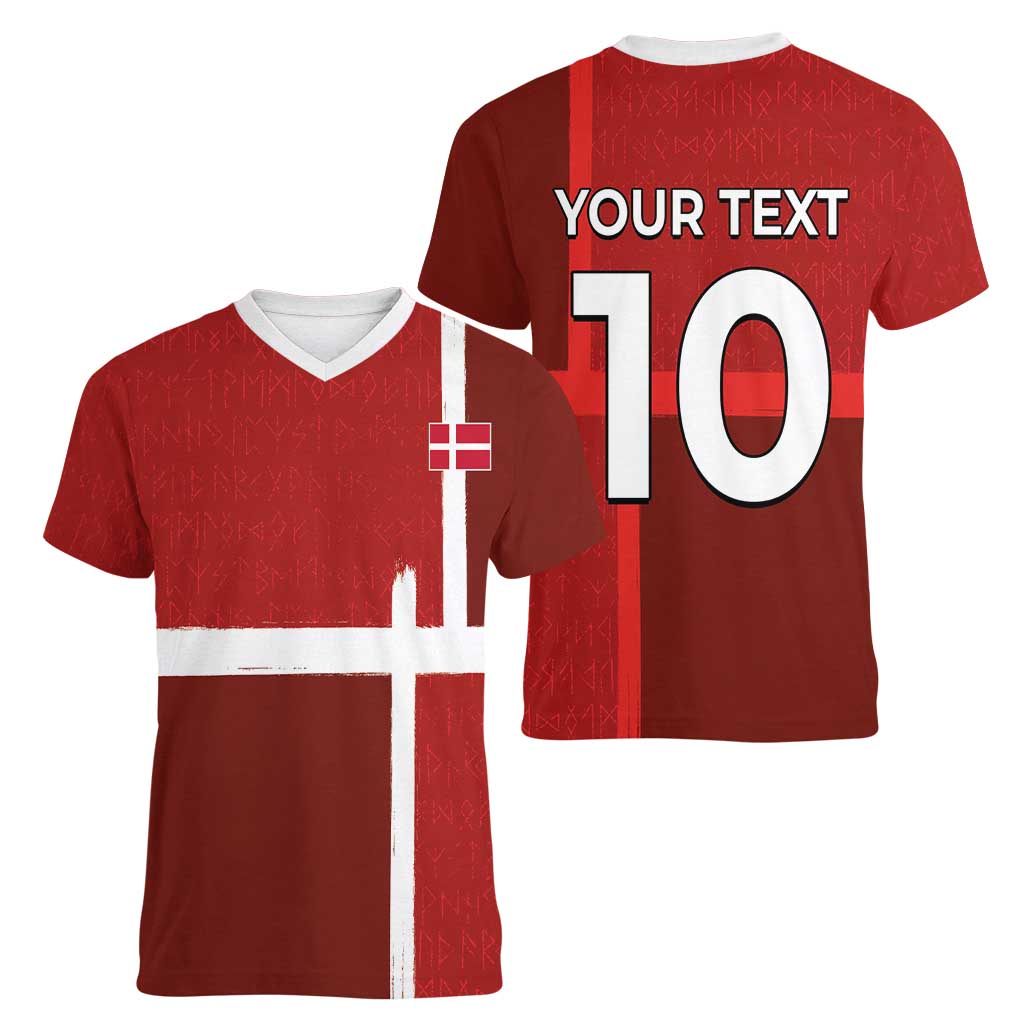 Custom Denmark Football Women V-Neck T-Shirt Black Grunge Line and Rune Inspired Sporty Style