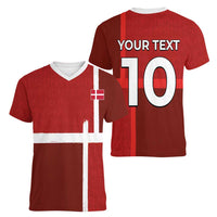 Custom Denmark Football Women V-Neck T-Shirt Black Grunge Line and Rune Inspired Sporty Style