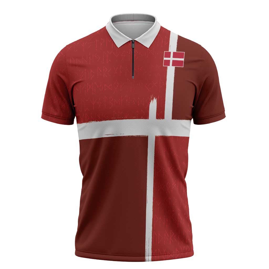 Custom Denmark Football Zipper Polo Shirt Black Grunge Line and Rune Inspired Sporty Style