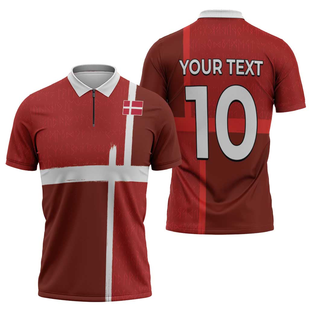 Custom Denmark Football Zipper Polo Shirt Black Grunge Line and Rune Inspired Sporty Style