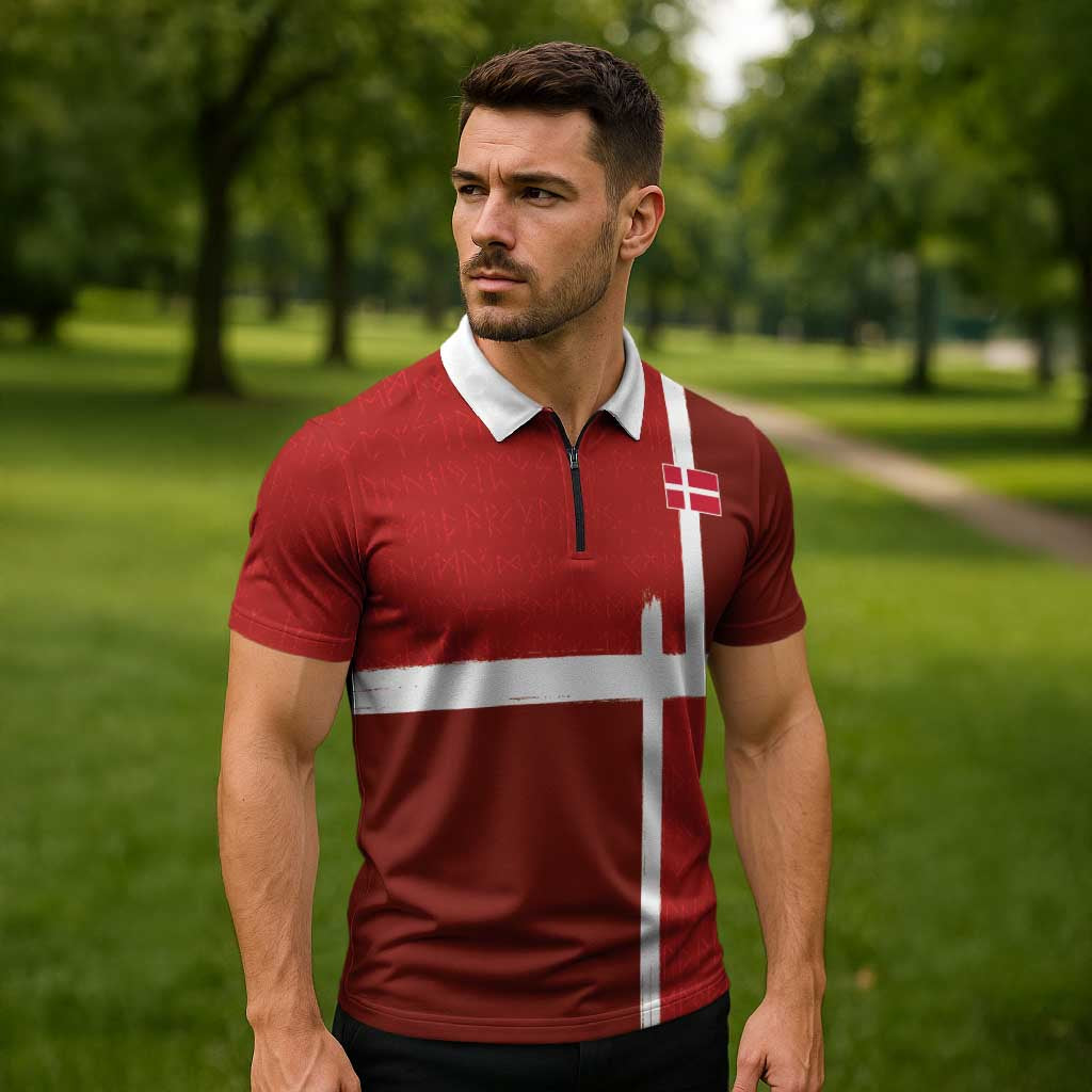 Custom Denmark Football Zipper Polo Shirt Black Grunge Line and Rune Inspired Sporty Style