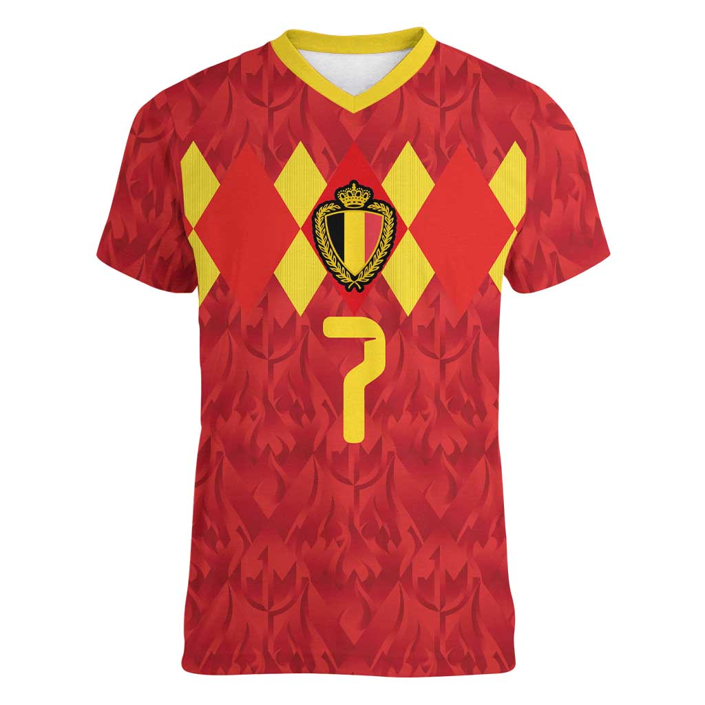Custom Belgium Football Women V-Neck T-Shirt Fiery Devil Motif