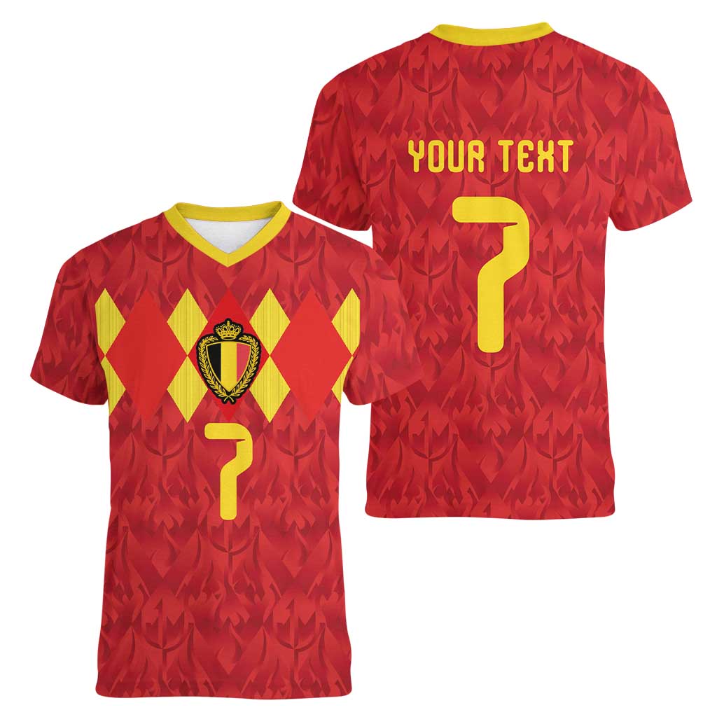 Custom Belgium Football Women V-Neck T-Shirt Fiery Devil Motif