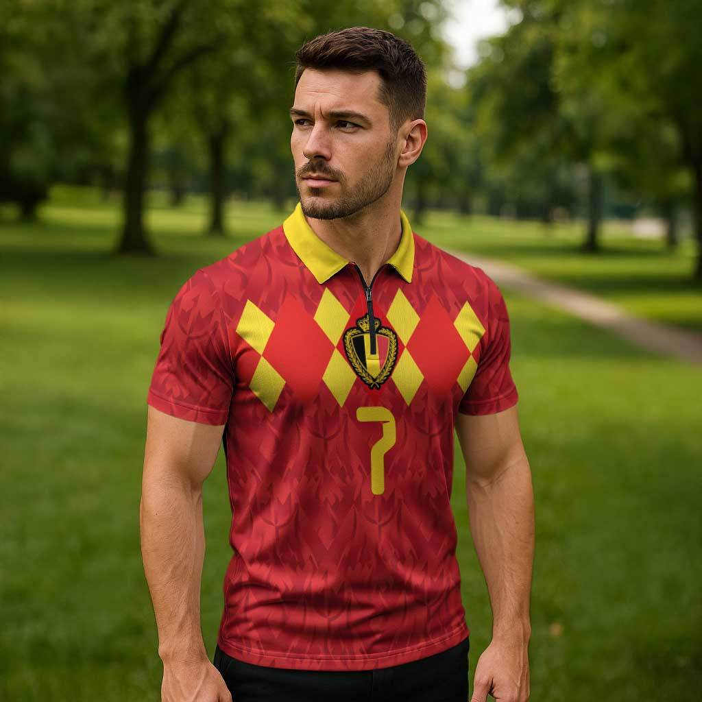 Custom Belgium Football Zipper Polo Shirt Fiery Devil Motif