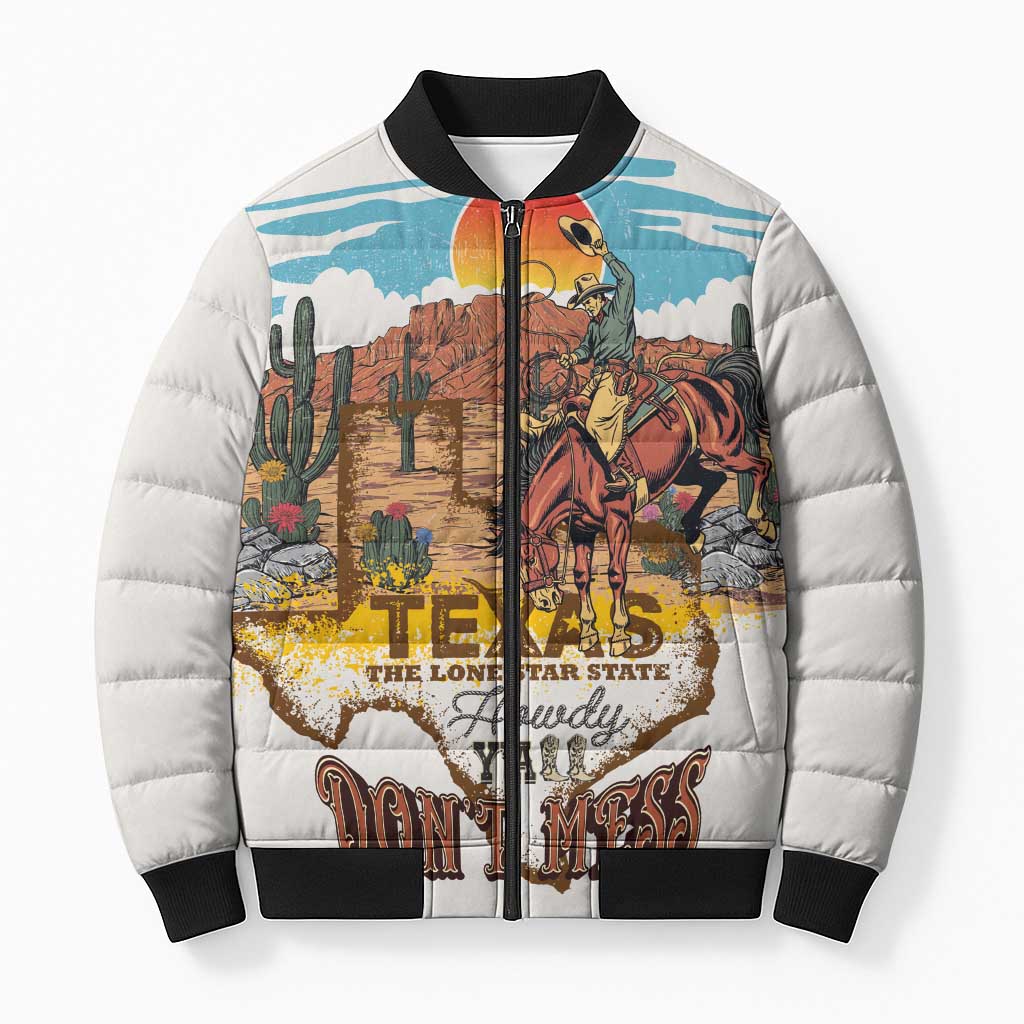 Texas Cultural Heritage Bomber Puffer Jacket Cowboy and Desert Howdy Y'All Don'T Mess