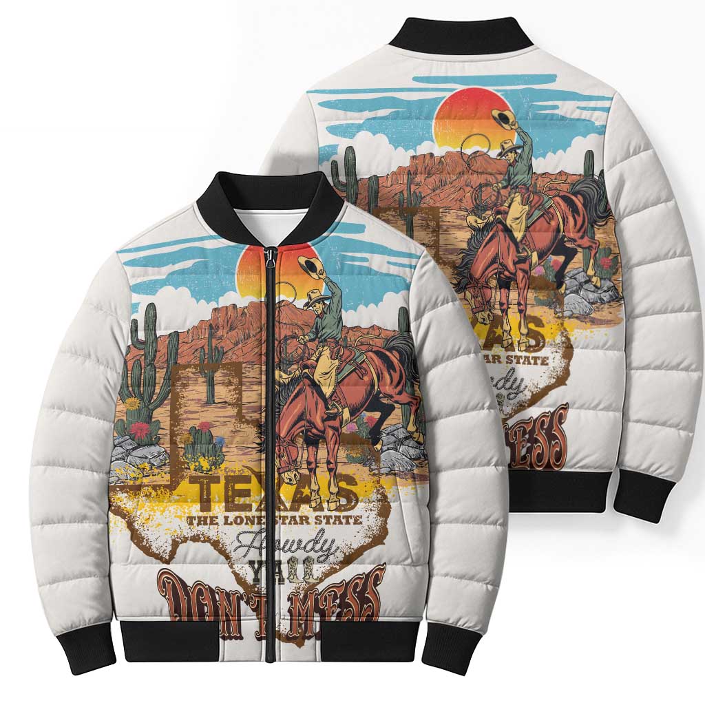 Texas Cultural Heritage Bomber Puffer Jacket Cowboy and Desert Howdy Y'All Don'T Mess