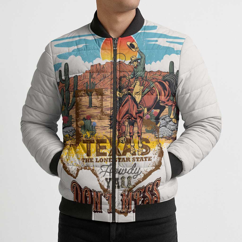 Texas Cultural Heritage Bomber Puffer Jacket Cowboy and Desert Howdy Y'All Don'T Mess
