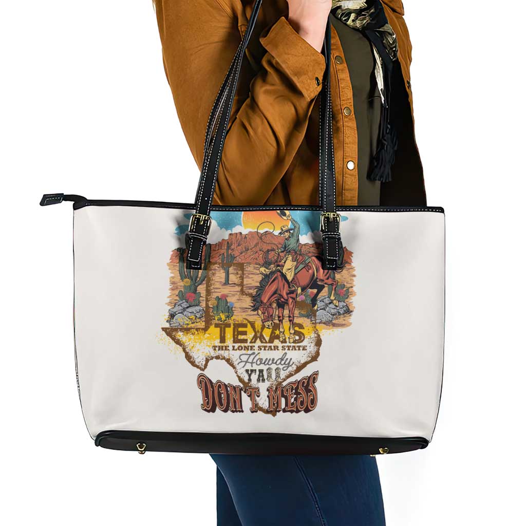 Texas Cultural Heritage Leather Tote Bag Cowboy and Desert Howdy Y'All Don'T Mess