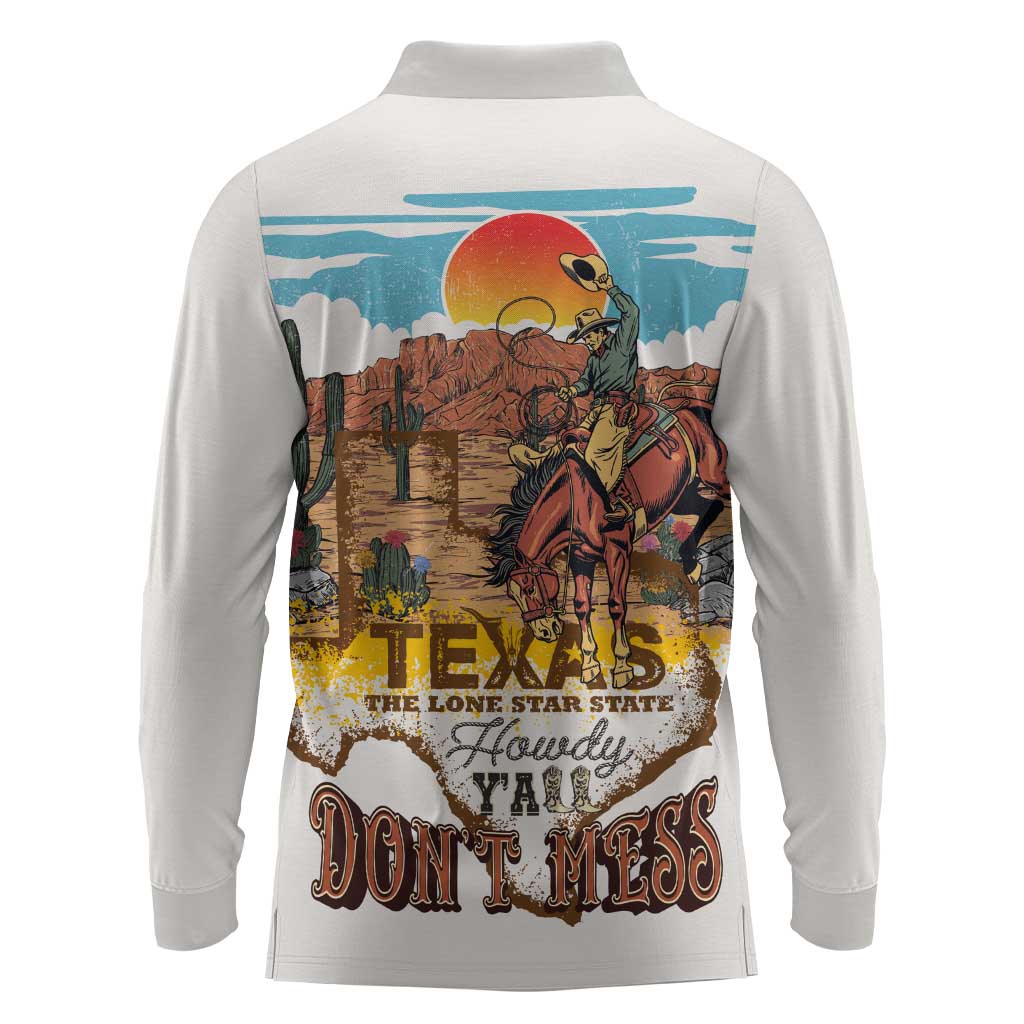Texas Cultural Heritage Long Sleeve Polo Shirt Cowboy and Desert Howdy Y'All Don'T Mess