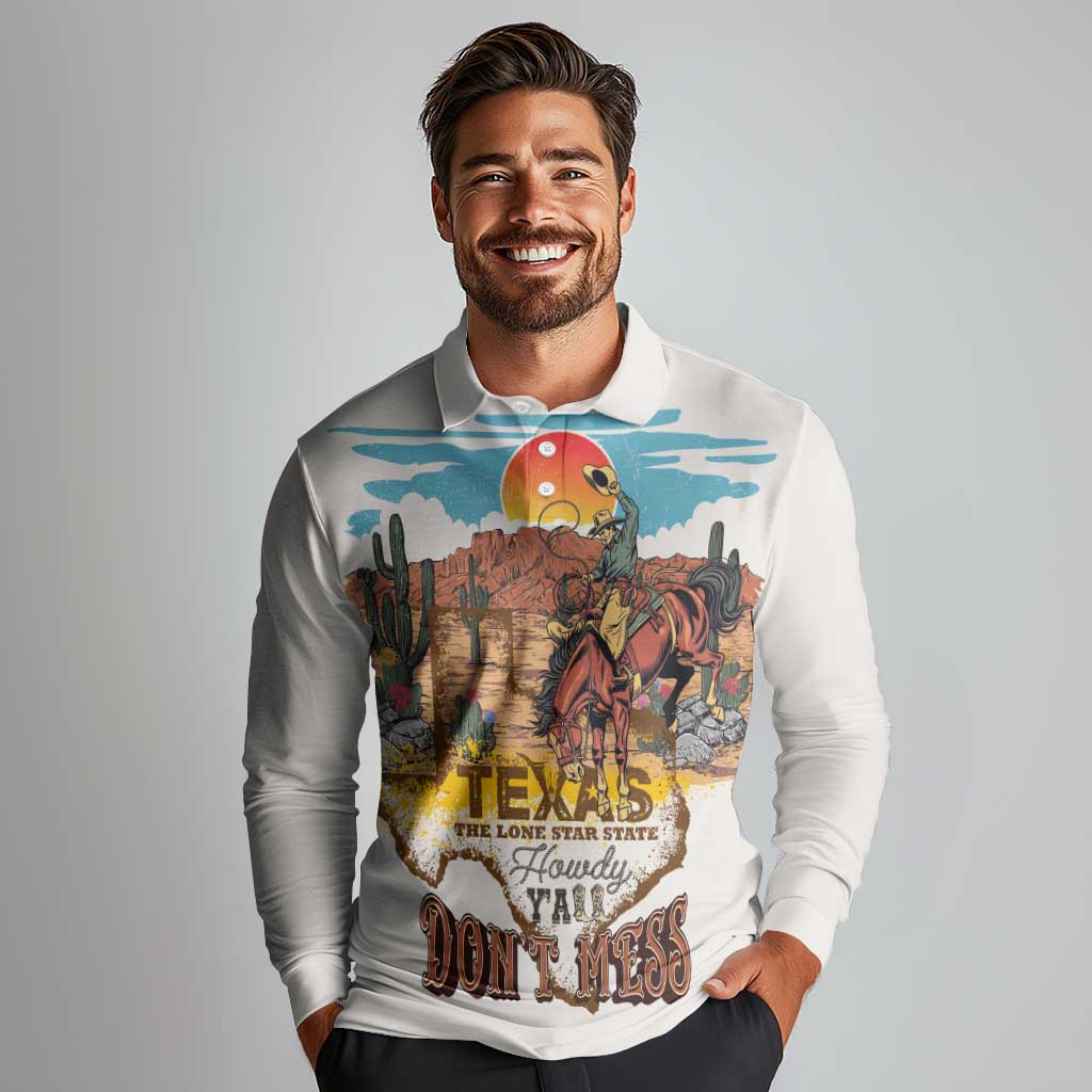 Texas Cultural Heritage Long Sleeve Polo Shirt Cowboy and Desert Howdy Y'All Don'T Mess