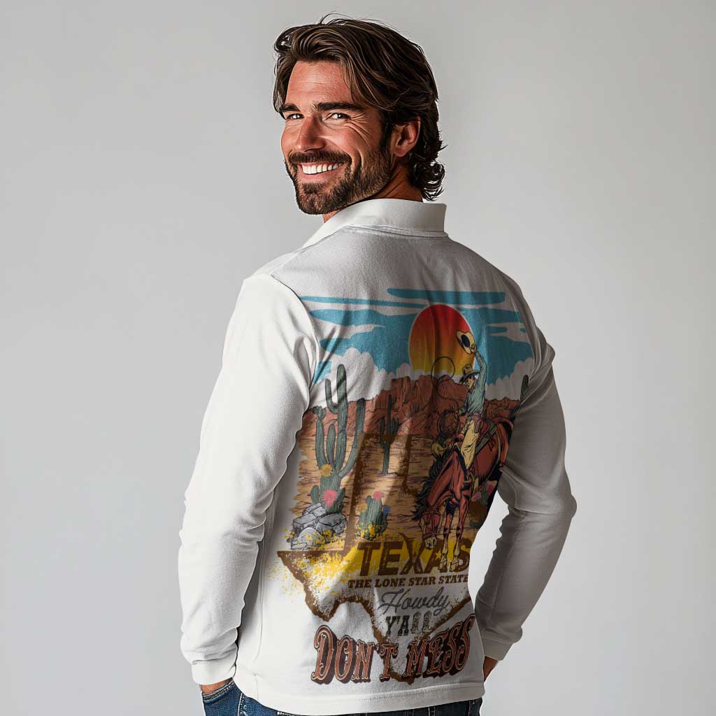 Texas Cultural Heritage Long Sleeve Polo Shirt Cowboy and Desert Howdy Y'All Don'T Mess