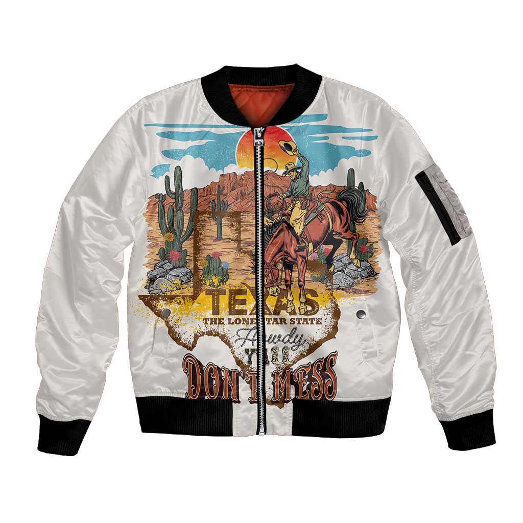 Texas Cultural Heritage Sleeve Zip Bomber Jacket Cowboy and Desert Howdy Y'All Don'T Mess