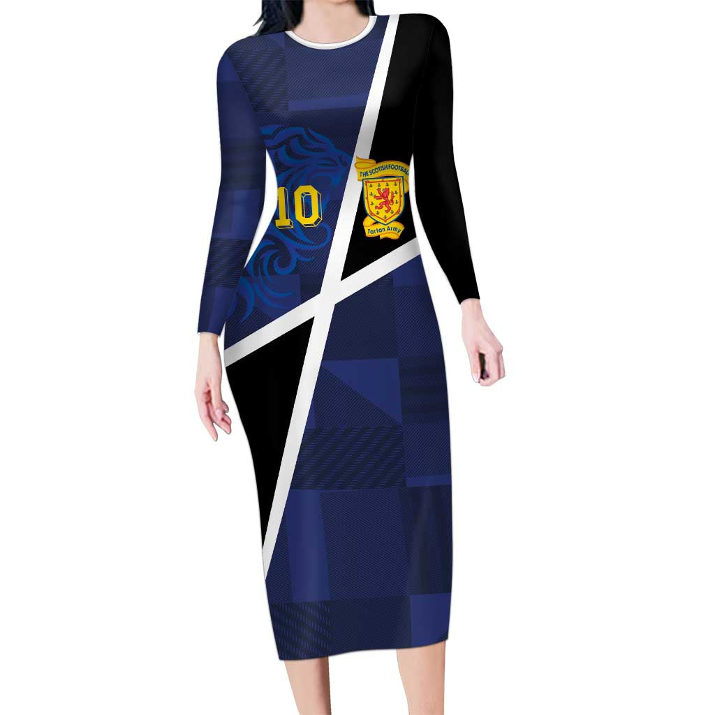 Custom Scottish Football Long Sleeve Bodycon Dress Lion and Tartan Patchwork Pattern