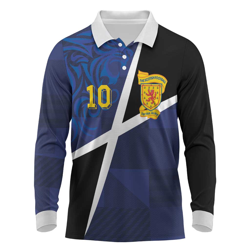 Custom Scottish Football Long Sleeve Polo Shirt Lion and Tartan Patchwork Pattern