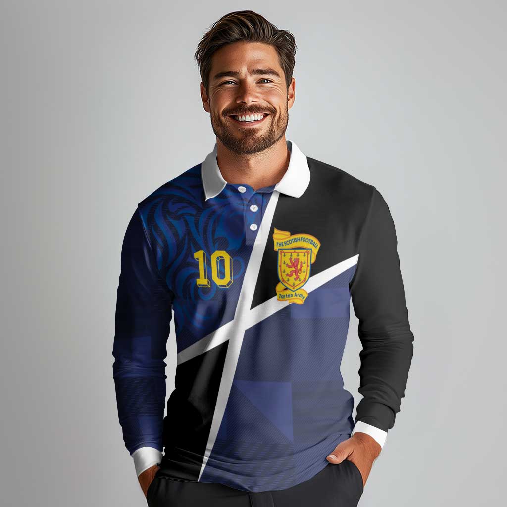 Custom Scottish Football Long Sleeve Polo Shirt Lion and Tartan Patchwork Pattern
