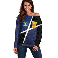 Custom Scottish Football Off Shoulder Sweater Lion and Tartan Patchwork Pattern