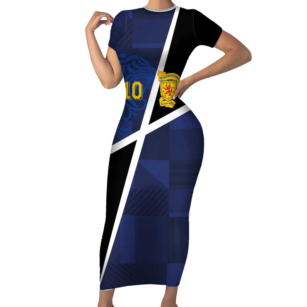 Custom Scottish Football Short Sleeve Bodycon Dress Lion and Tartan Patchwork Pattern