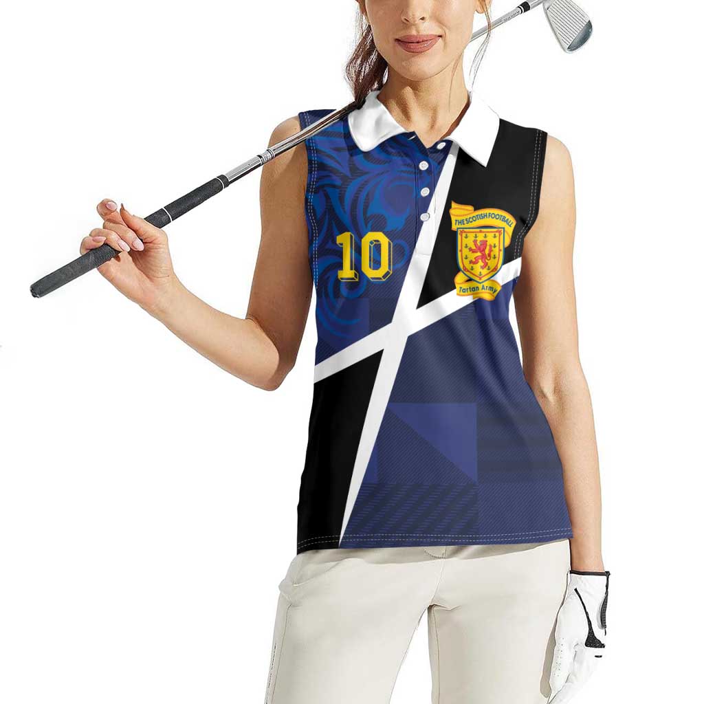 Custom Scottish Football Women Sleeveless Polo Shirt Lion and Tartan Patchwork Pattern