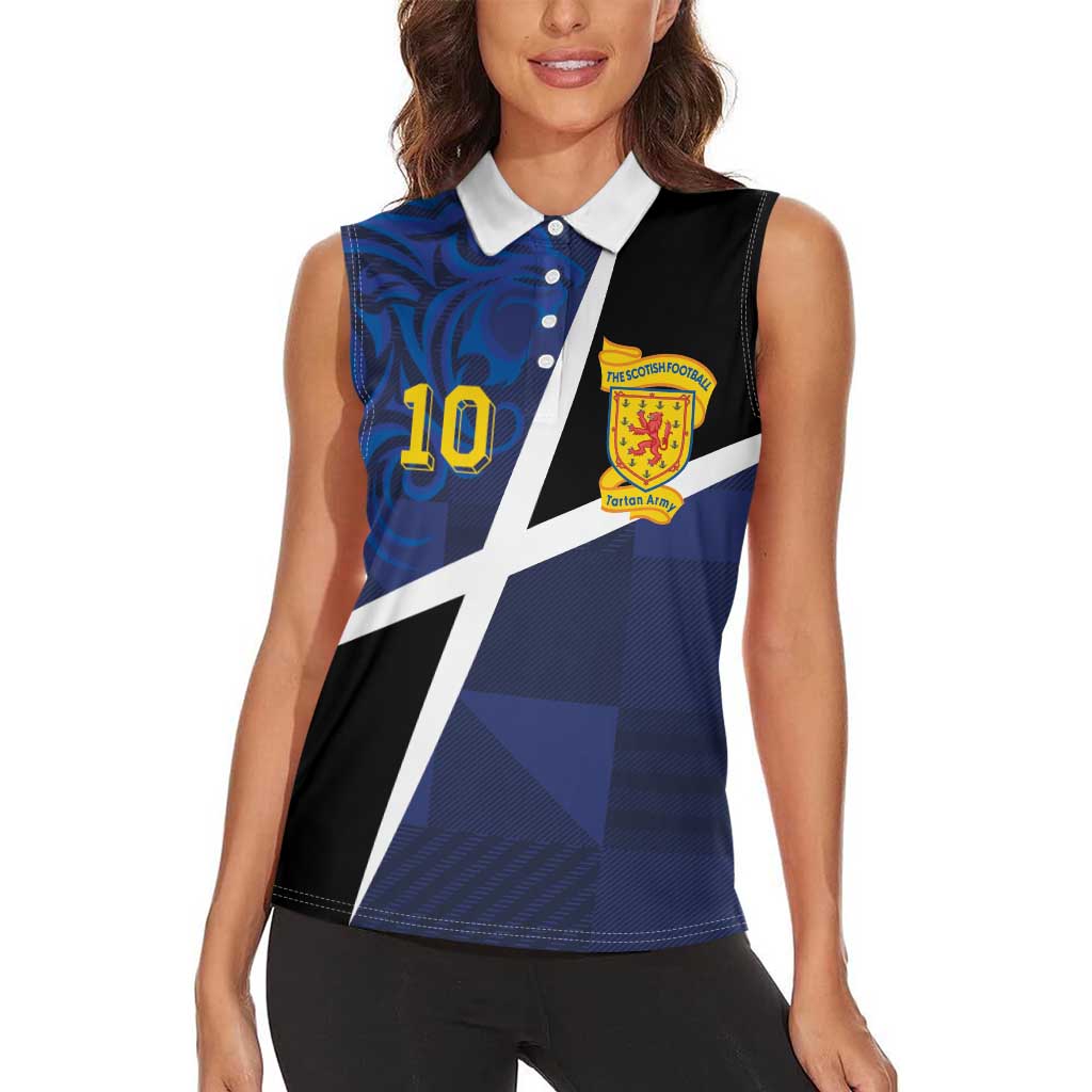 Custom Scottish Football Women Sleeveless Polo Shirt Lion and Tartan Patchwork Pattern