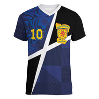Custom Scottish Football Women V-Neck T-Shirt Lion and Tartan Patchwork Pattern