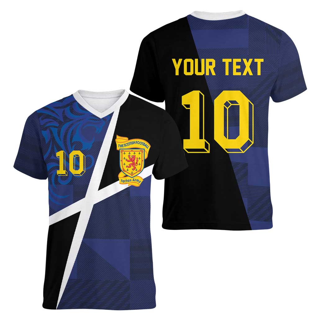 Custom Scottish Football Women V-Neck T-Shirt Lion and Tartan Patchwork Pattern