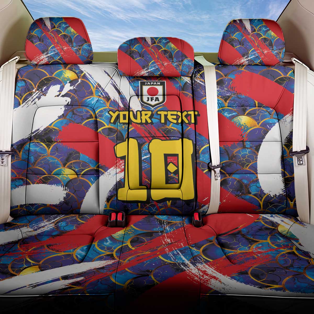 Custom Japan Football Back Car Seat Cover Seigaiha and Brush Style