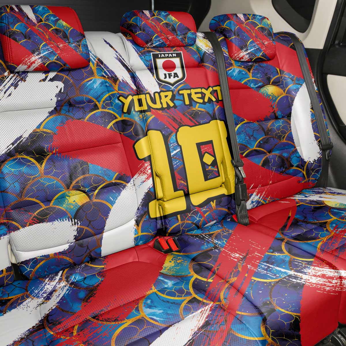 Custom Japan Football Back Car Seat Cover Seigaiha and Brush Style