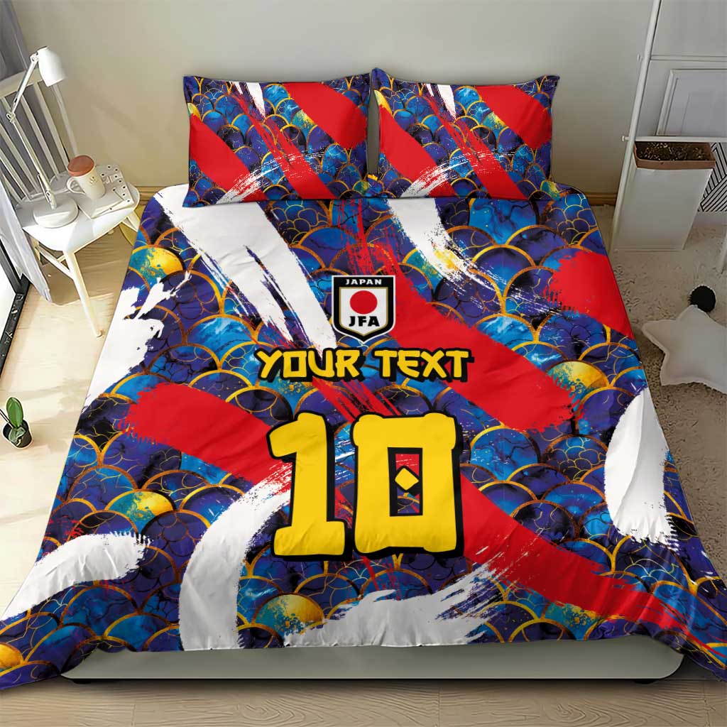 Custom Japan Football Bedding Set Seigaiha and Brush Style