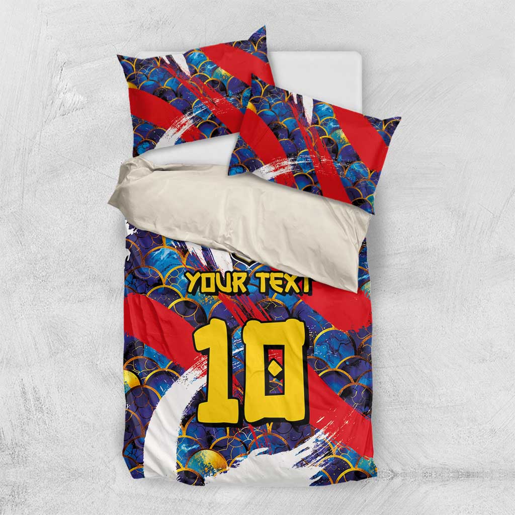Custom Japan Football Bedding Set Seigaiha and Brush Style