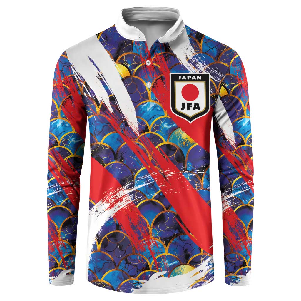 Custom Japan Football Button Sweatshirt Seigaiha and Brush Style