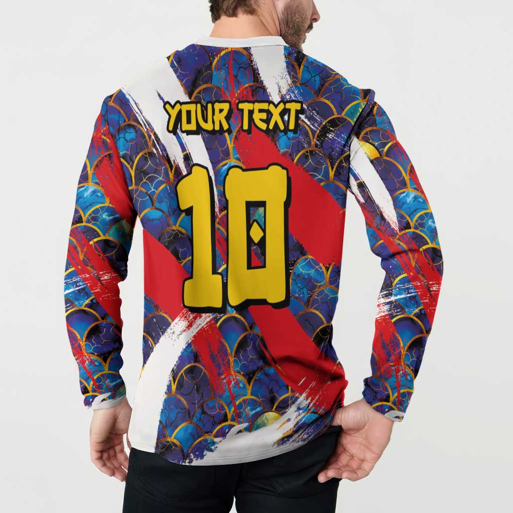 Custom Japan Football Button Sweatshirt Seigaiha and Brush Style