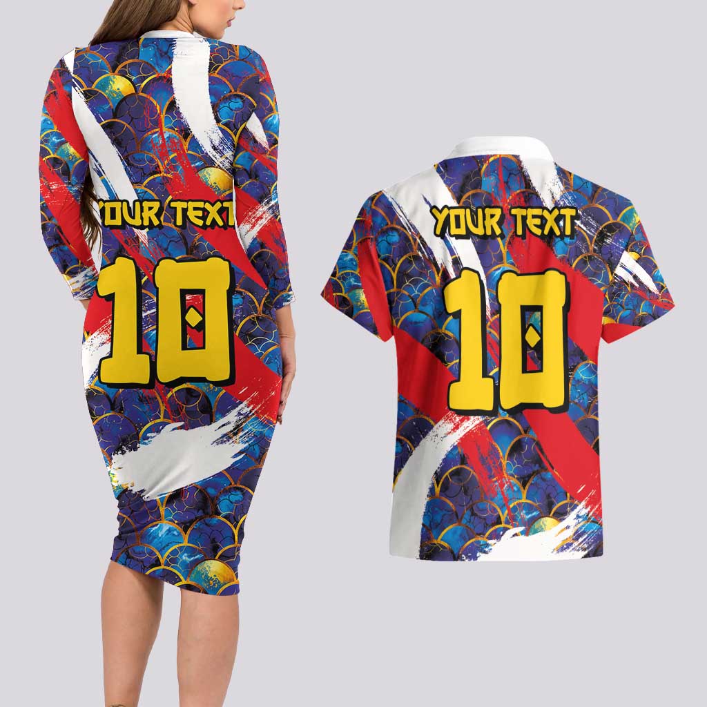 Custom Japan Football Couples Matching Long Sleeve Bodycon Dress and Hawaiian Shirt Seigaiha and Brush Style