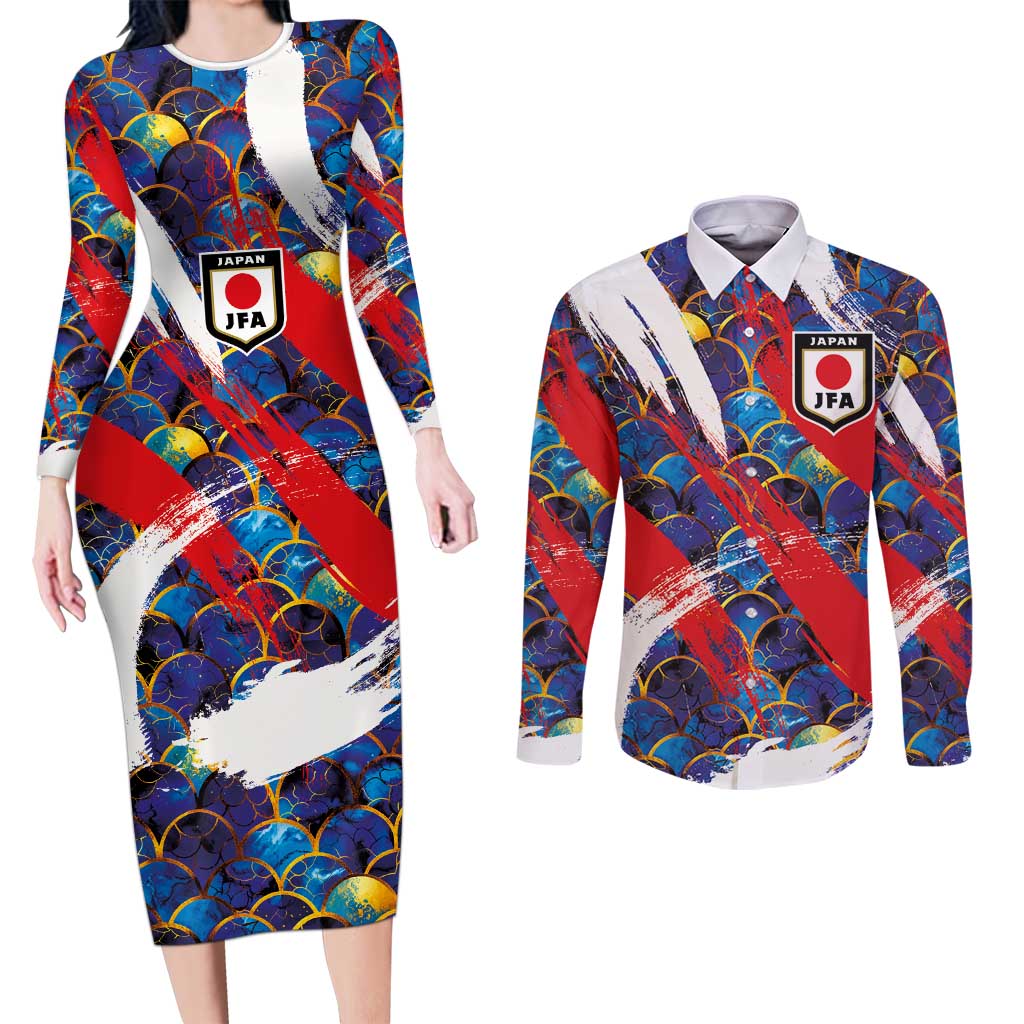 Custom Japan Football Couples Matching Long Sleeve Bodycon Dress and Long Sleeve Button Shirt Seigaiha and Brush Style