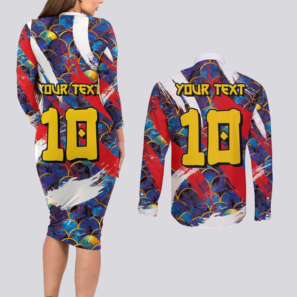 Custom Japan Football Couples Matching Long Sleeve Bodycon Dress and Long Sleeve Button Shirt Seigaiha and Brush Style