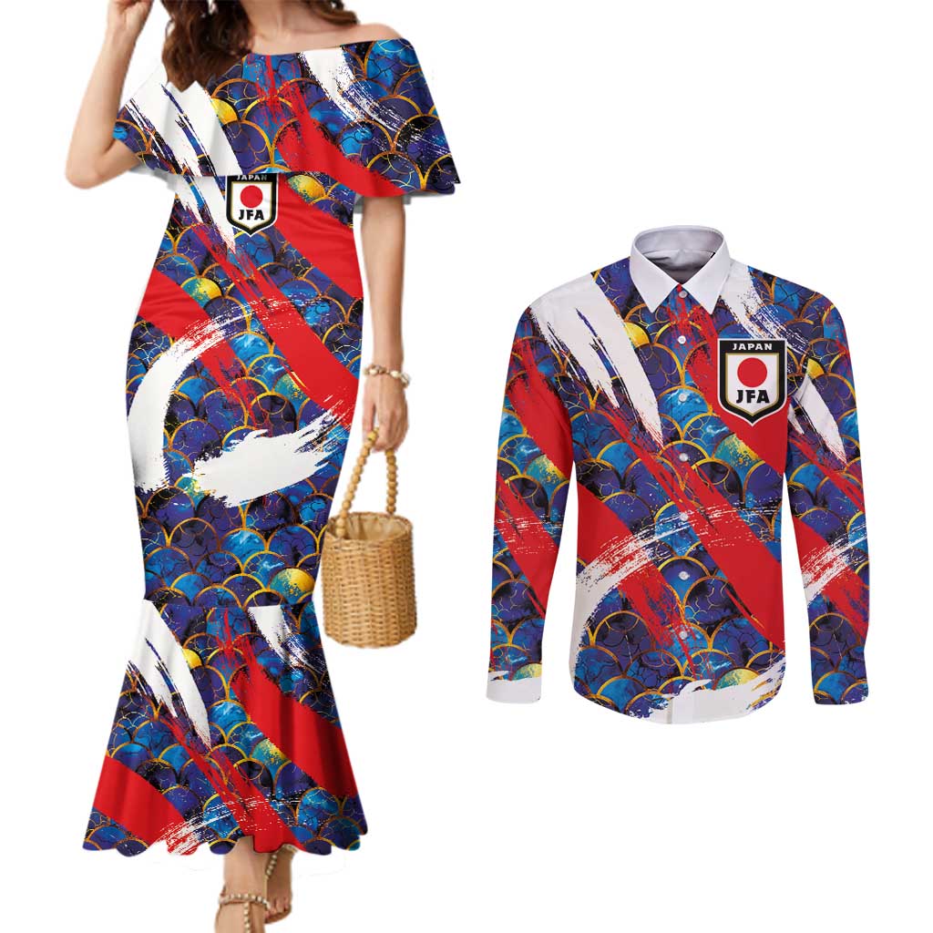 Custom Japan Football Couples Matching Mermaid Dress and Long Sleeve Button Shirt Seigaiha and Brush Style